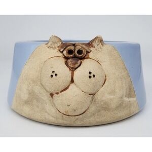 Ceramic Cat Face Pet Bowl Small Blue Tan Whimsical 3D Relief Studio Pottery